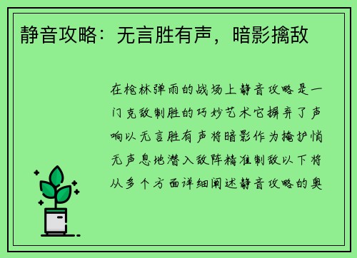 静音攻略：无言胜有声，暗影擒敌
